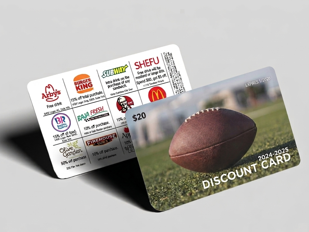 Discount card with football image and various brand logos on a gray background