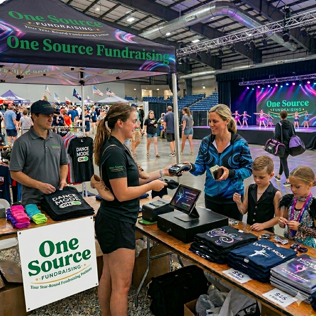 One Source Fundraising booth at an event with people interacting and merchandise on display.